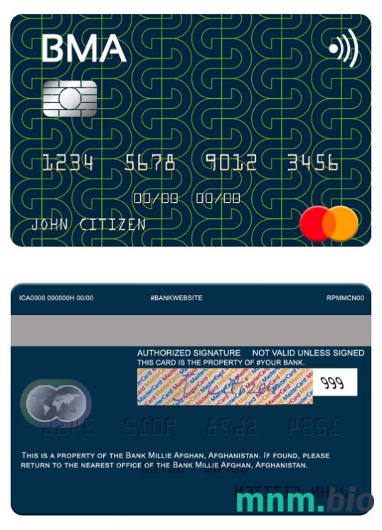 Afghanistan Bank Millie Afghan przykład karty mastercard w formacie PSD
